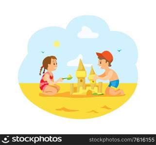 Children on summer vacations vector, boy and girl building castle from sand using shovels. Friends brother and sister enjoying holidays of summertime. Kids Sitting on Hot Sand Building Castle on Beach
