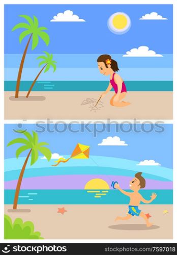 Children on vacation vector, summertime fun of kids on holidays. Girl drawing with stick on sand, boy running with wind kite. Island sunset, seaside view. Beach Vacation, Children on Holidays Playing Set