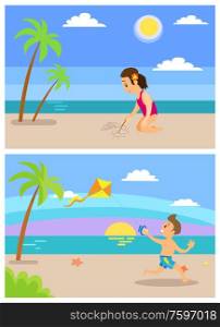 Children on vacation vector, summertime fun of kids on holidays. Girl drawing with stick on sand, boy running with wind kite. Island sunset, seaside view. Beach Vacation, Children on Holidays Playing Set