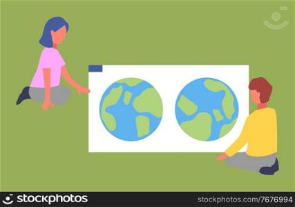 Children or teenagers sit near large map of the world with two globes. Geography and atlas, learning and development, creative expression. School or preschool. People on the green background. Children or teens sit and watch on huge world map. Education and cognition. Preschool lessons