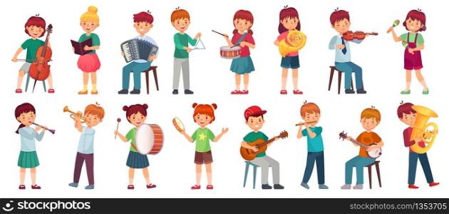 Children orchestra play music. Child playing ukulele guitar, girl sing song and play drum. Kids musicians with music instruments vector illustration set. Kids play maracas , trumpet or tambourine. Children orchestra play music. Child playing ukulele guitar, girl sing song and play drum. Kids musicians with music instruments vector illustration set