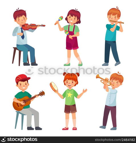 Children orchestra play music, musical and gifted. Orchestra music with instrument, child with guitar, cartoon band concert, vector illustration. Children orchestra play music, musical and gifted