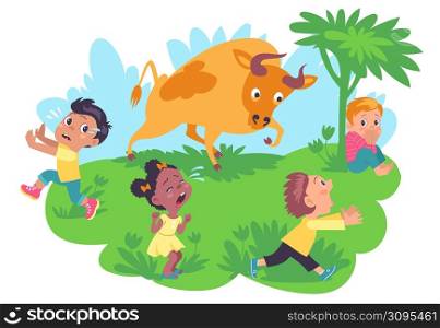 Children outdoor fears. Scared kids group running away from angry bull. Screaming girls and boys escape from evil ox. Dangerous animal situation. Frightened people and fearful buffalo. Vector concept. Children outdoor fears. Scared kids running away from angry bull. Screaming girls and boys escape from ox. Dangerous animal situation. Frightened people and fearful buffalo. Vector concept