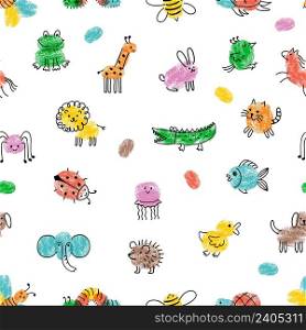 Children paint pattern. Fingerprint animals, cute drawing insect and wild animal print. Kids doodle vector seamless texture. Illustration of paint finger art, kindergarten drawing pattern. Children paint pattern. Fingerprint animals, cute drawing insect and wild animal print. Kids doodle vector seamless texture