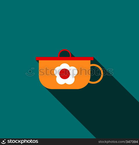 Children pan icon in flat style with long shadow. Utensils for eating symbol. Children pan icon, flat style