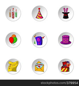 Children party icons set. Cartoon illustration of 9 children party vector icons for web. Children party icons set, cartoon style