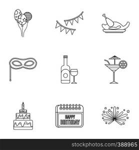 Children party icons set. Outline illustration of 9 children party vector icons for web. Children party icons set, outline style