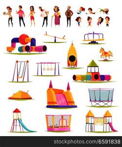 Children people playground set of isolated playground constructions and doodle human characters of kids and adults vector illustration. Family Yard Elements Collection