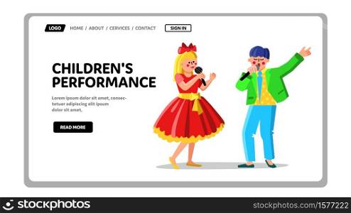 Children Performance Song In Microphone Vector. Teenagers Boy And Girl Couple Children Performance In Karaoke. Characters Singers Team Singing Together Web Flat Cartoon Illustration. Children Performance Song In Microphone Vector