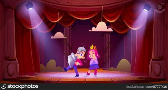 Children performing on theater stage. Vector cartoon illustration of little boy and girl wearing knight and princess costumes playing roles on school scene with red curtains illuminated by light beams. Funny kids performing on theater stage