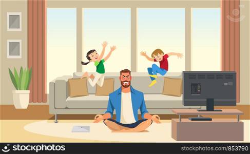 Children play and jump on sofa behind angry and stressed meditation father. Home relax concept with fun cartoon characters. Vector illuctration of parent and children at living room modern interior.
