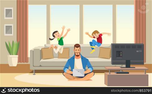 Children play and jump on sofa behind working business father. Work life balance concept with fun cartoon characters. Vector illuctration of parent and children at living room modern interior.