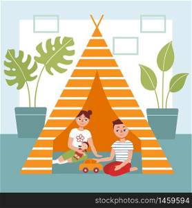 Children play at home in wigwam. Concept of home activity, isolation, prevention of coronavirus, family. Boy and girl, brother and sister. Cartoon vector illustration.