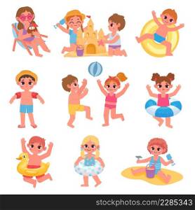 Children play ball at beach, swim and make sand castle. Cartoon kids characters in swimsuits at summer vacation at sea. Pool kids vector set of summer beach, girl and boy recreation. Children play ball at beach, swim and make sand castle. Cartoon kids characters in swimsuits at summer vacation at sea. Pool kids vector set