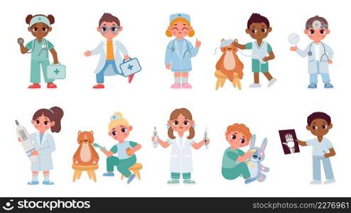 Children play hospital in doctor uniform with first aid kit toy. Cute cartoon kids with medical equipment. Healthcare profession vector set. Characters holding syringe, stethoscope and x ray. Children play hospital in doctor uniform with first aid kit toy. Cute cartoon kids with medical equipment. Healthcare profession vector set