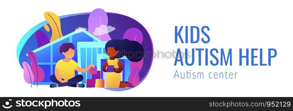 Children play in center giving information about treatment of ASD. Autism center, treatment of autism spectrum disorder, kids autism help concept. Header or footer banner template with copy space.. Autism center concept banner header.