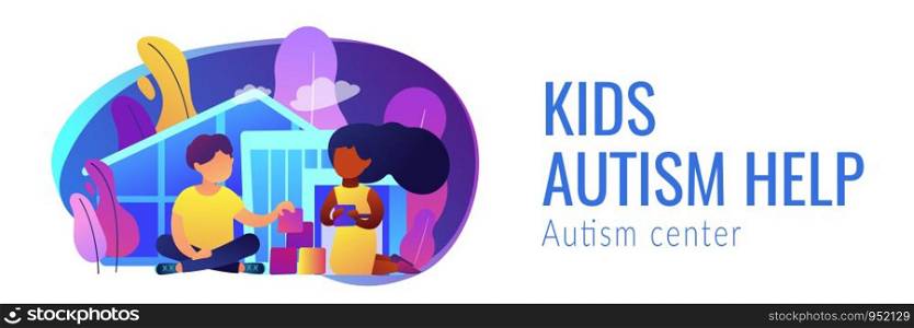 Children play in center giving information about treatment of ASD. Autism center, treatment of autism spectrum disorder, kids autism help concept. Header or footer banner template with copy space.. Autism center concept banner header.