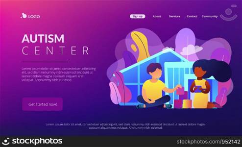 Children play in center giving information about treatment of ASD. Autism center, treatment of autism spectrum disorder, kids autism help concept. Website vibrant violet landing web page template.. Autism center concept landing page.