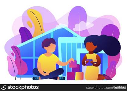 Children play in center giving information about treatment of ASD. Autism center, treatment of autism spectrum disorder, kids autism help concept. Bright vibrant violet vector isolated illustration. Autism center concept vector illustration.