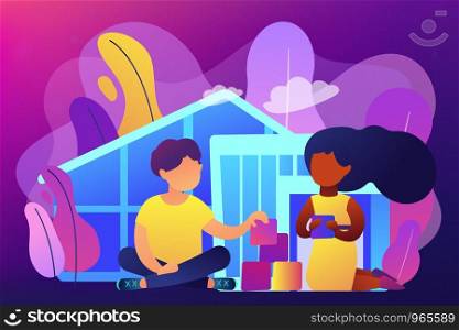 Children play in center giving information about treatment of ASD. Autism center, treatment of autism spectrum disorder, kids autism help concept. Bright vibrant violet vector isolated illustration. Autism center concept vector illustration.