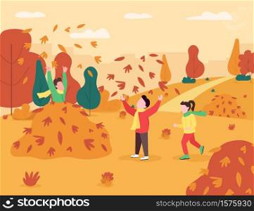 Children play in leaves pile semi flat vector illustration. Kids game in autumn season. Boy and girl spend time together in fall park. Preschoolers 2D cartoon characters for commercial use. Children play in leaves pile semi flat vector illustration