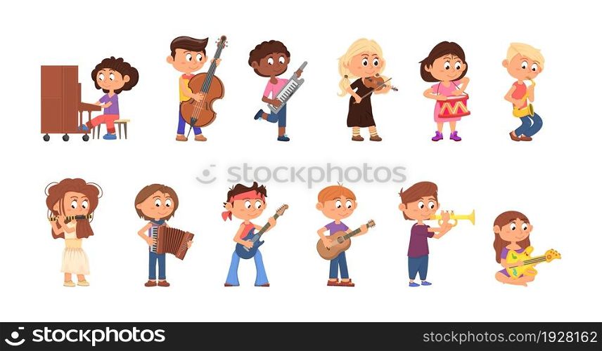 Children play music. Teens playing musical instruments, cartoon kids musicians. Cute kid hold guitar, art school or festival decent isolated vector set. Kid and child musician, concert illustration. Children play music. Teens playing musical instruments, cartoon kids musicians. Cute kid hold guitar, art school or festival decent isolated vector set