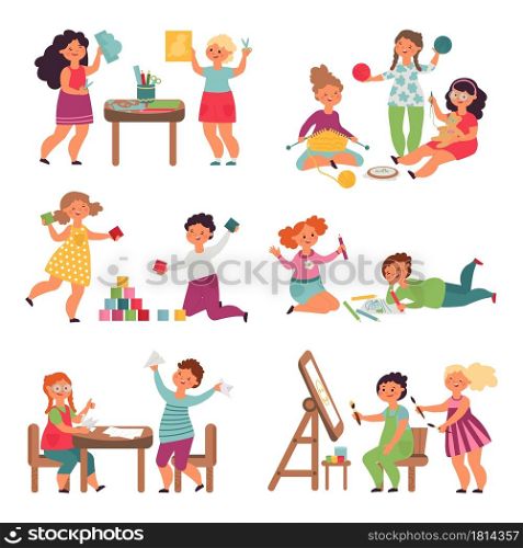 Children play together. Isolated child playing, funny childish teamwork. Friends in creative lab, little girl boy toy hobby decent vector set. Illustration children together play in game and drawing. Children play together. Isolated child playing, funny childish teamwork. Friends in creative lab, little girl boy toy hobby decent vector set