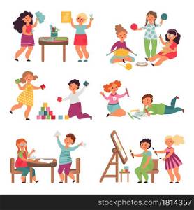 Children play together. Isolated child playing, funny childish teamwork. Friends in creative lab, little girl boy toy hobby decent vector set. Illustration children together play in game and drawing. Children play together. Isolated child playing, funny childish teamwork. Friends in creative lab, little girl boy toy hobby decent vector set