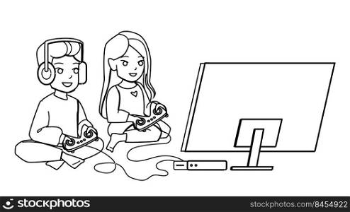 children play video game vector. kid boy girl, home family console, player children play video game character. people black line pencil drawing vector illustration. children play video game vector