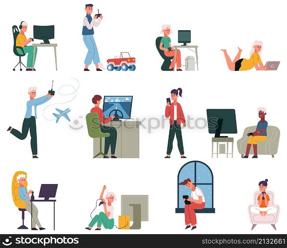 Children play video games, young gamers, game addiction scenes. Video gaming hobby, kids with gadgets and computer addiction vector illustration set. Young gamers characters. Gamer gaming joystick. Children play video games, young gamers, game addiction scenes. Video gaming hobby, kids with gadgets and computer addiction vector illustration set. Young gamers characters