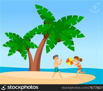 Children play with an inflatable ball on the beach under palm trees. Relax on a tropical spicy. Vacation in hot countries. Games near the sea or ocean. Tropical island. Travel to exotic countries. Children play ball on the beach, palm trees on uninhabited island. Travelling to hot countries