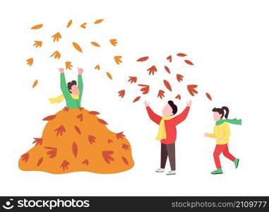 Children play with autumn leaves semi flat color vector characters. Kids figures. Full body people on white. Autumn activity isolated modern cartoon style illustration for graphic design and animation. Children play with autumn leaves semi flat color vector characters