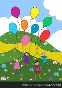 children play with balloons outdoors among the flowers