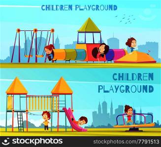 Children playground banners collection of horizontal doodle style compositions views of the city and kids characters vector illustration. Playground Horizontal Banners Set