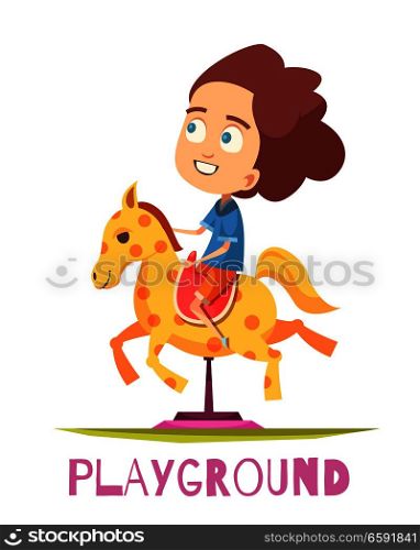 Children playground composition with doodle style human character of child riding the rocking horse with text vector illustration. Rocking Horse Playground Composition