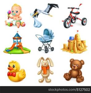 Children playground. Kids and toys. 3d vector icons set