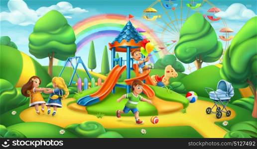 Children playground. Nature landscape, park 3d vector panorama