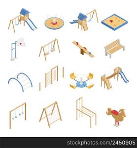 Children playground set of isometric icons with swings, slides, basketball hoop, sandbox, climbing frames isolated vector illustration. Children Playground Isometric Icons
