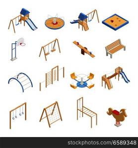 Children playground set of isometric icons with swings, slides, basketball hoop, sandbox, climbing frames isolated vector illustration. Children Playground Isometric Icons