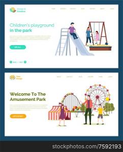 Children playground vector, father with kids, welcome to amusement park. Mother with daughter on swings, sand with shovel and bucket, Ferris wheel. Website or webpage template, landing page flat style. Children Playground, Welcome to Amusement Park