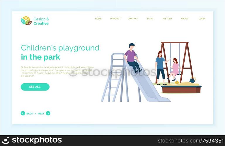 Children playground web online vector, mother playing with daughter and son. Little girl on swings, boy riding, sand with shower and bucket for sand. Website or webpage template, landing page flat style. Children Playground Mother with Kids Playing Web