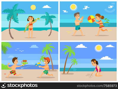 Children playing at beach vector, kids having water fight, girl holding towel, drawing on sand. Boy and girl playing ball volleyball, tropics vacation. Beach Summertime Vacation of Kids, Children Set