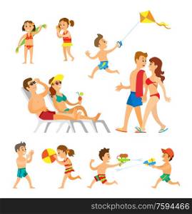 Children playing at beach vector, woman and man adults walking holding towel. Kids with volleyball ball, girl with seashell, boy with kite and water fight. People on Beach, Parents and Children Playing