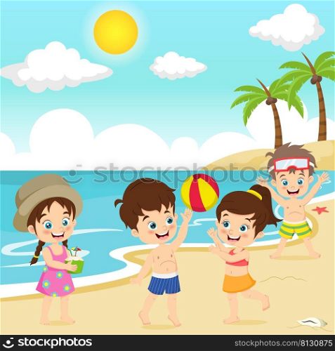 Children playing beach ball at tropical beach
