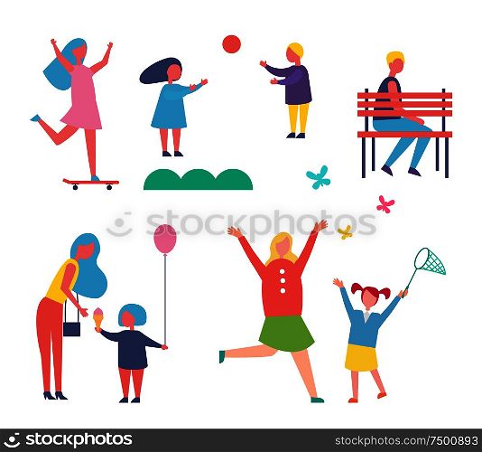 Children playing games with inflatable ball. Isolated icons, skating woman, mother and child catching butterflies. Man sitting on wooden bench vector. Children Playing Games Set Vector Illustration