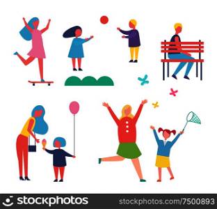 Children playing games with inflatable ball. Isolated icons, skating woman, mother and child catching butterflies. Man sitting on wooden bench vector. Children Playing Games Set Vector Illustration