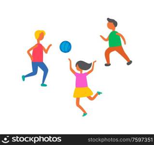 Children playing in ball outdoors vector isolated. Cartoon style kids play football, leather round object for boys and girl play, happy childhood concept. Children Playing in Ball Outdoors Vector Isolated