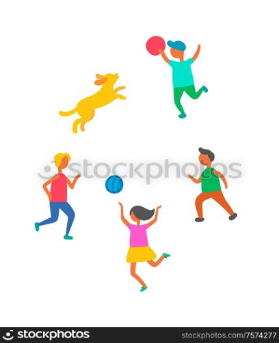 Children playing in ball with dog pet outdoors vector isolated. Cartoon style kids boys and girl play with canine animal, happy childhood concept. Children Playing in Ball, Dog Pet Outdoors Vector