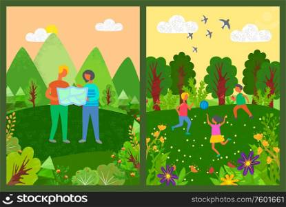 Children playing in forest vector, people looking at map trying to find way home, man and woman holding atlas with info, mountains and trees swallows. People Looking at Map, Man and Woman Children