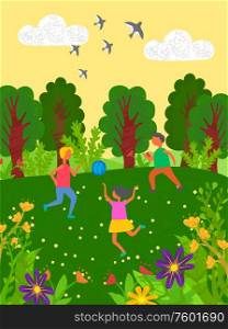 Children playing in group vector, boys and girls with inflatable ball outdoors activities of kids, swallows flying in sky. Forest with trees and flowers. Kids Playing in Park, Playground Children Vector